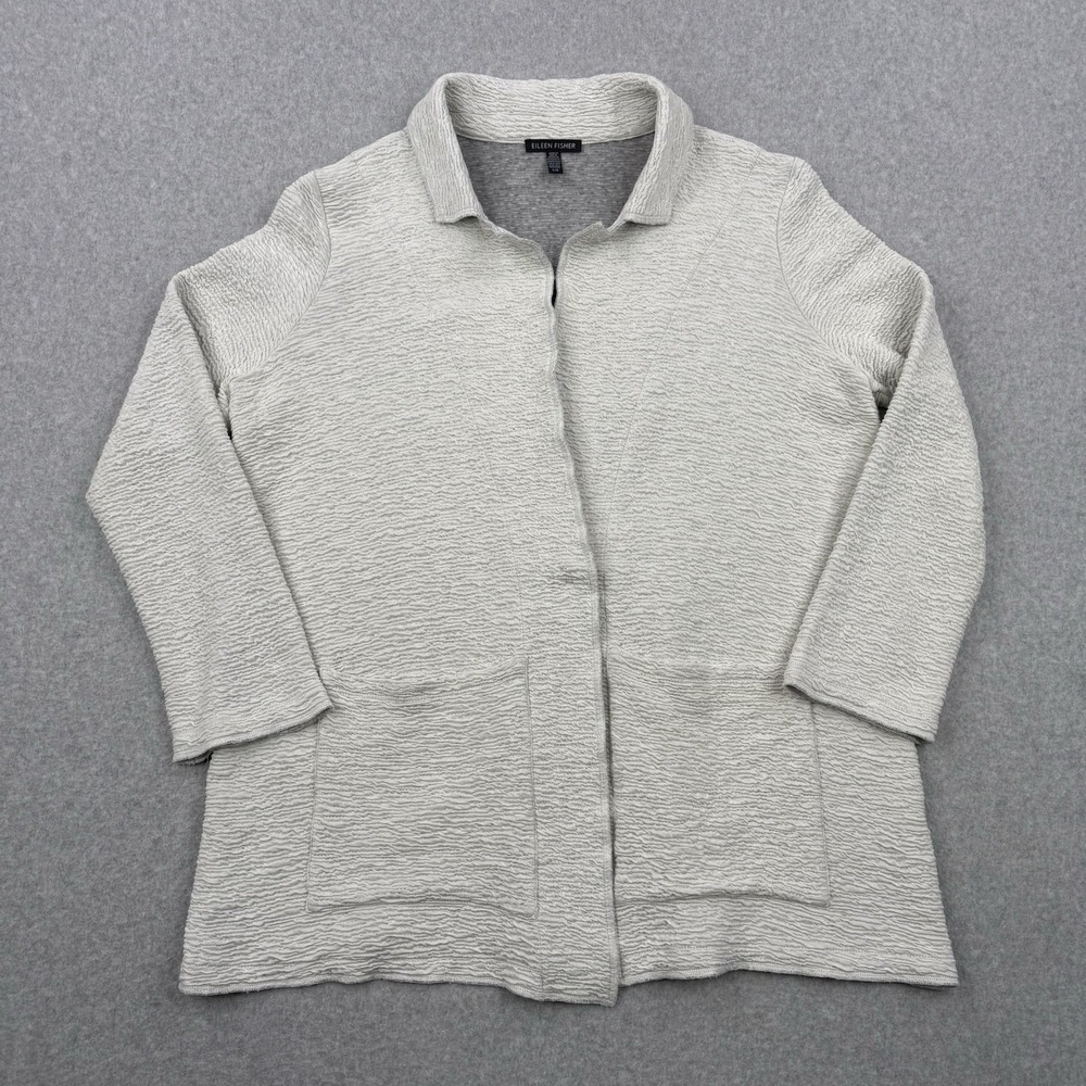 Eileen Fisher Jacket Womens Large Stone Gray Notched‎ Collar Crinkle Blazer